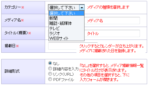 カテゴリ―、詳細形式等を選択する