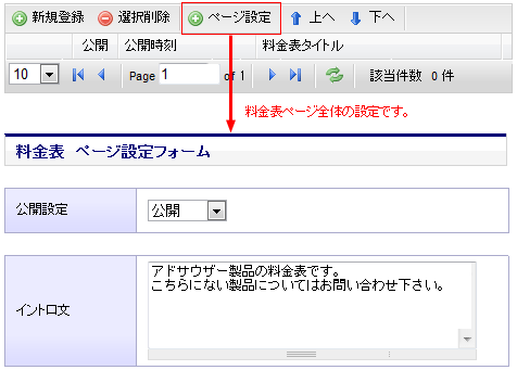 料金表の登録初期画面